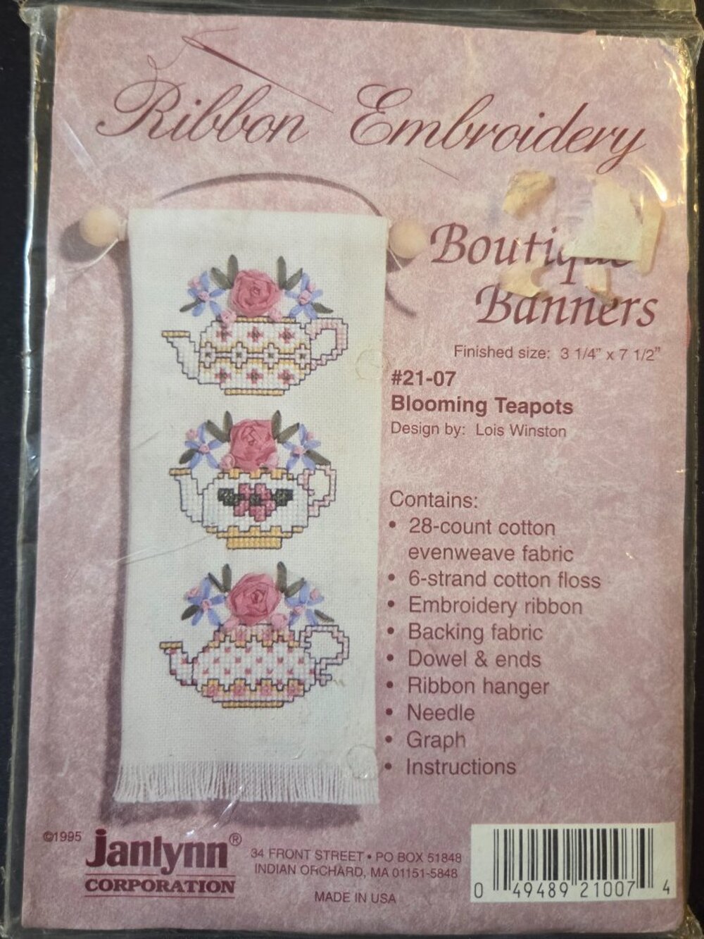 VTG Janlynn Ribbon Embroidery Blooming Teapots Boutique Banner Kit #21-07